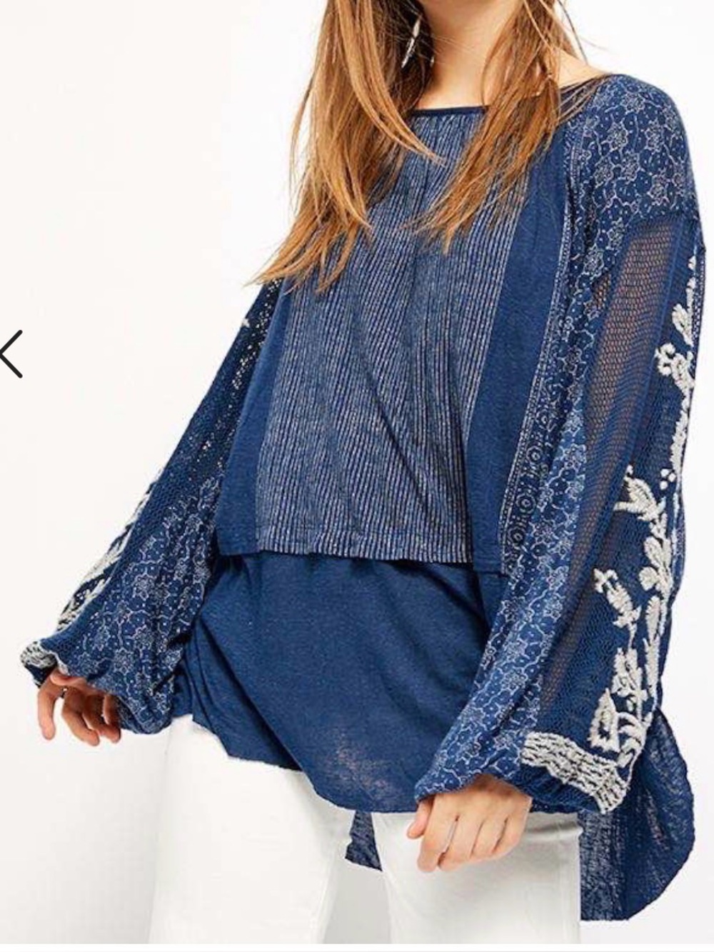 Free People Indigo Dreams Tunic Blouse Embroidered Crochet Flowy Festival Medium